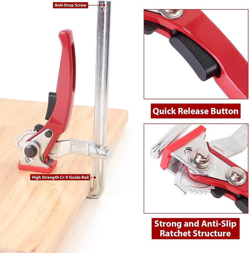 KETIPED 2 Pack Ratcheting Table Clamp, Quick Saw Track Clamps, Ratchet Guide Rail Quick Bar Clamp for MFT Table and Guide Rail System,F-Clamps with 0~6" Clamping Range,MG-040RD - Image 4
